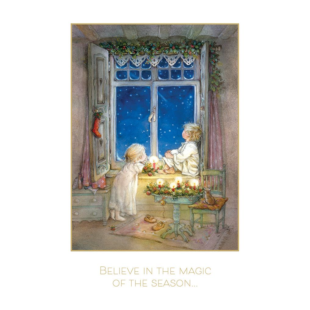 Boy And Girl Looking Out Window Christmas Card Lisi Martin